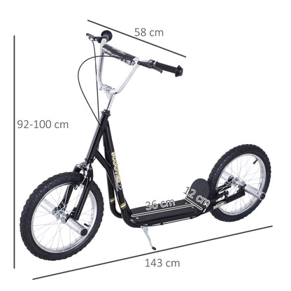 HOMCOM Trotinete para Crianças acima de 5 anos Scooter de 2 Rodas Grandes Insufláveis de 16 Polegadas com Freios e Guidão Ajustável em Altura 143x58x92-100cm Preto