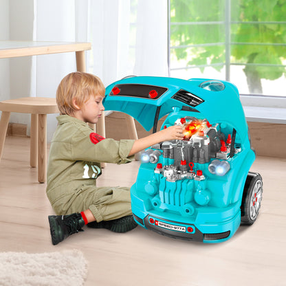 HOMCOM Motor de Caminhão para Crianças acima de 3 Anos Conjunto de Motor de Brinquedo com 61 Peças Volante Buzina Faróis Caixa de Armazenamento e Rodas 40x39x47cm Turquesa