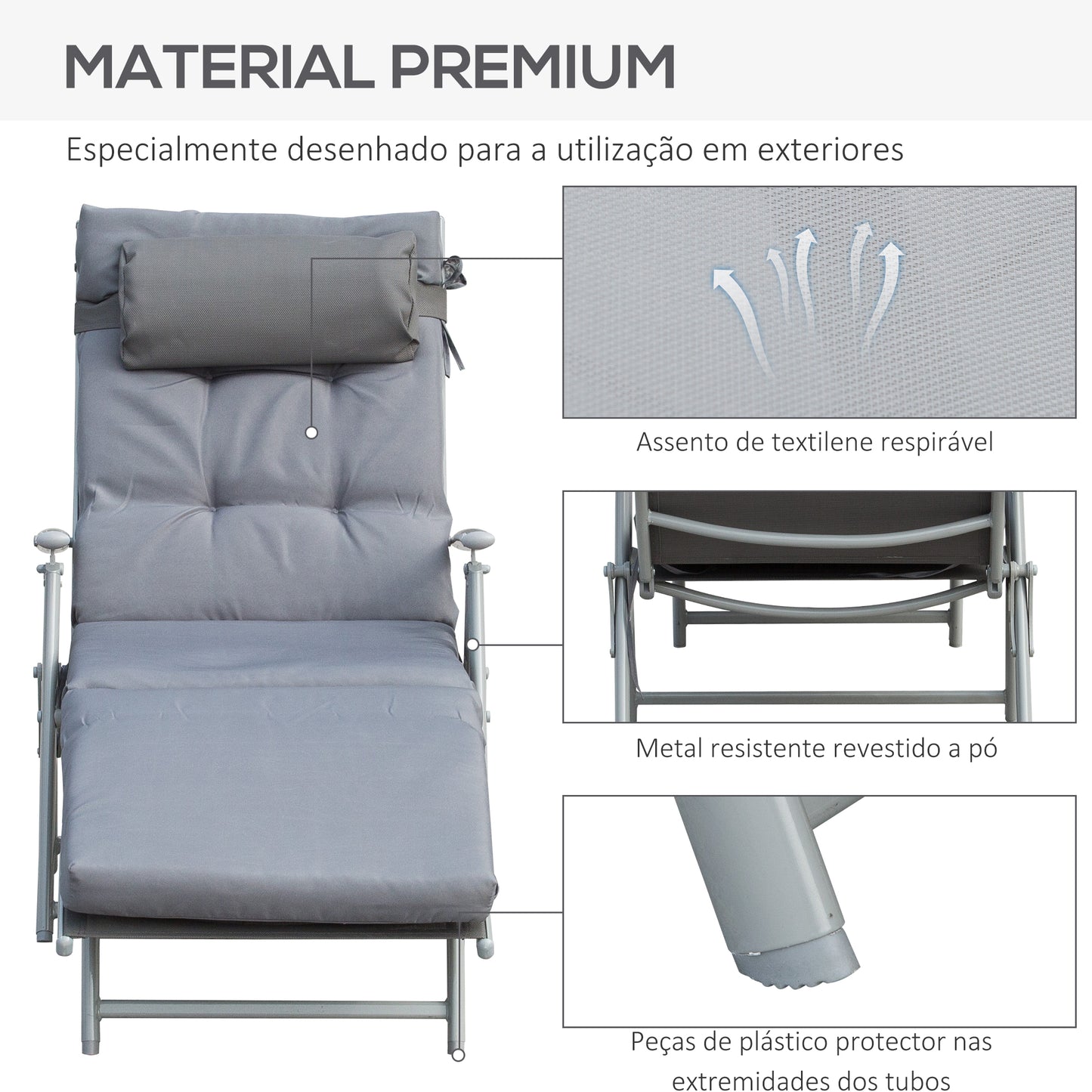 Outsunny Espreguiçadeira Dobrável de Jardim com Encosto Ajustável em 7 Posições Almofada e Apoio para a Cabeça Acolchoados para Terraço Piscina Exterior Carga Máxima 165kg 137x63,5x100,5cm Cinza