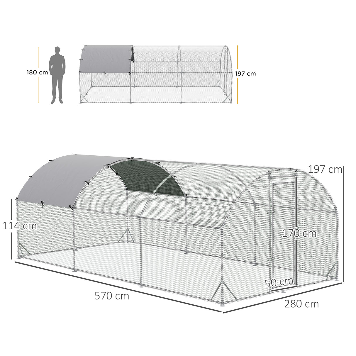 PawHut Galinheiro para Exterior Grande Gaiola de Aço Galvanizado com Teto de Tecido Oxford e Fechadura para 12-18 Galinhas Coelhos Aves 5,7x2,8x1,97cm Prata