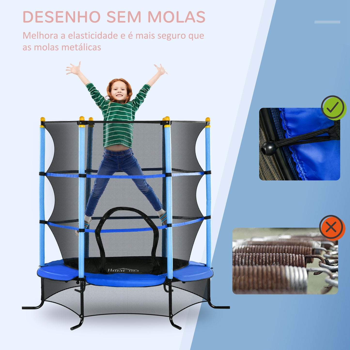 HOMCOM Trampolim para Crianças acima de 3 Anos Cama Elástica Infantil com Rede de Segurança e Estrutura de Aço para Interiores e Exteriores Carga 50 kg 163x163x163 cm Azul