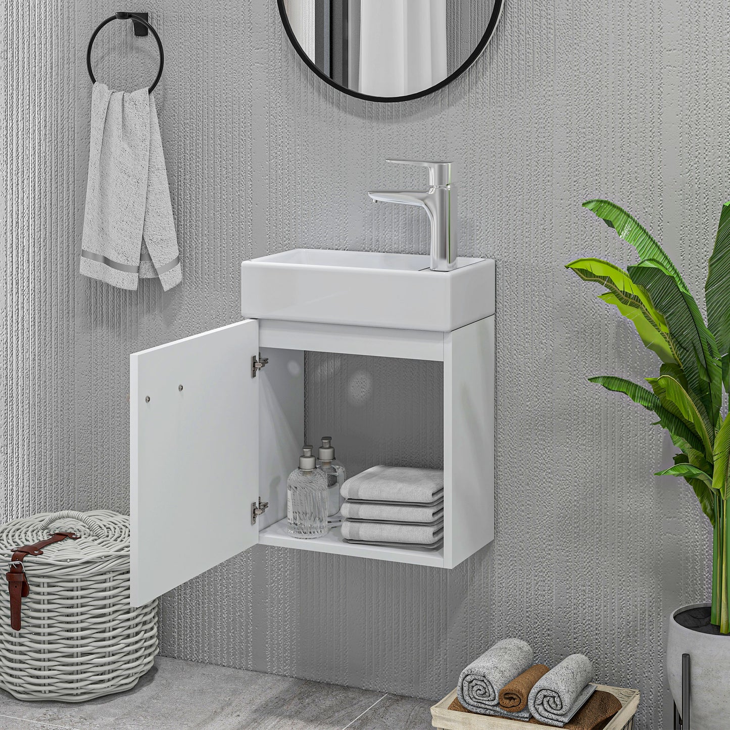 HOMCOM Móvel de Casa de Banho com Lavatório Móvel de Casa de Banho com Porta com Fechamento Suave e Armário Móvel com Lavatório Moderno 40x23x50 Branco Brilhante