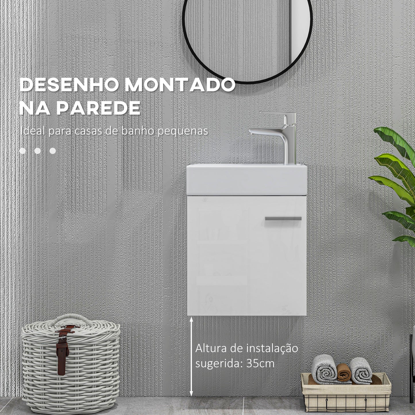 HOMCOM Móvel de Casa de Banho com Lavatório Móvel de Casa de Banho com Porta com Fechamento Suave e Armário Móvel com Lavatório Moderno 40x23x50 Branco Brilhante