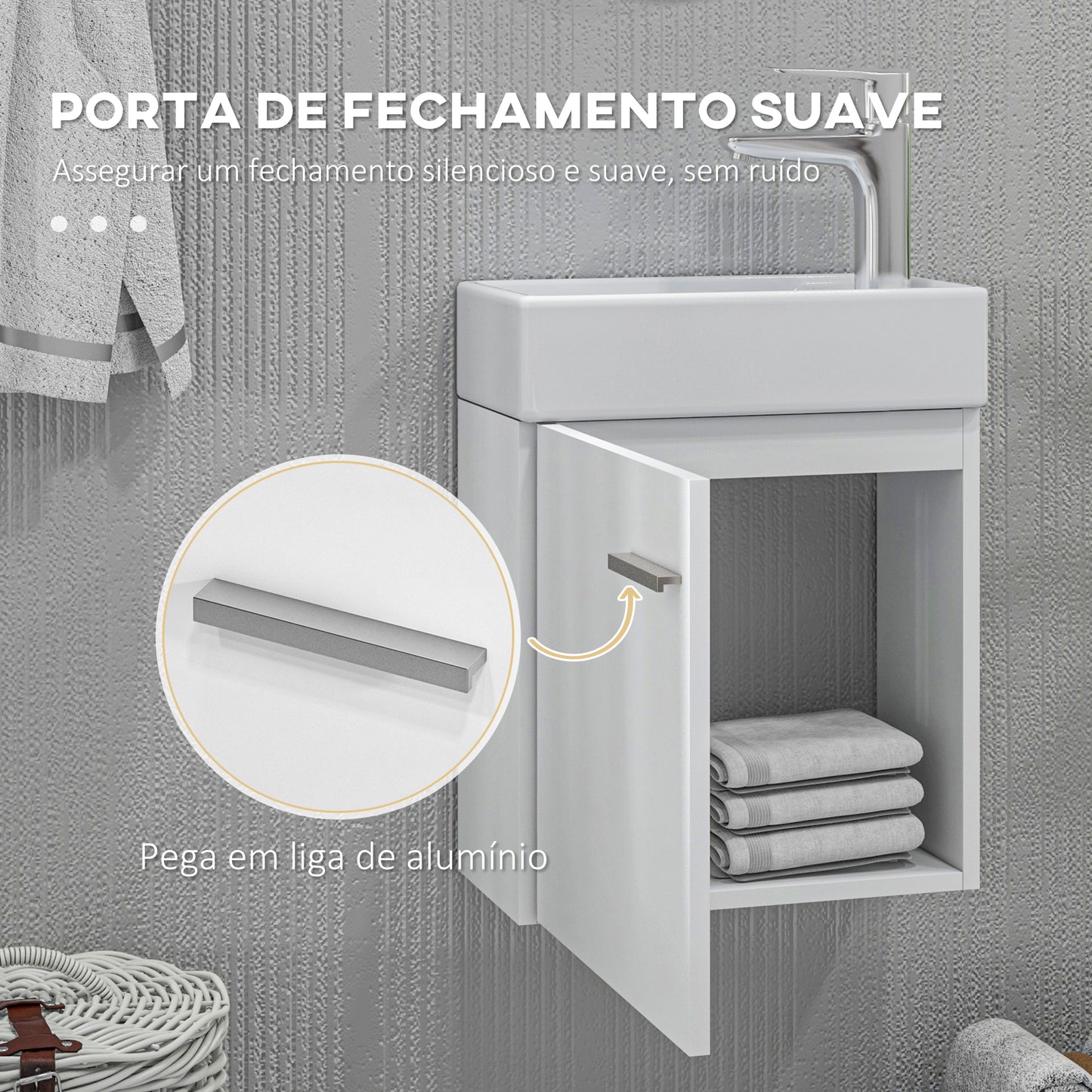 HOMCOM Móvel de Casa de Banho com Lavatório Móvel de Casa de Banho com Porta com Fechamento Suave e Armário Móvel com Lavatório Moderno 40x23x50 Branco Brilhante