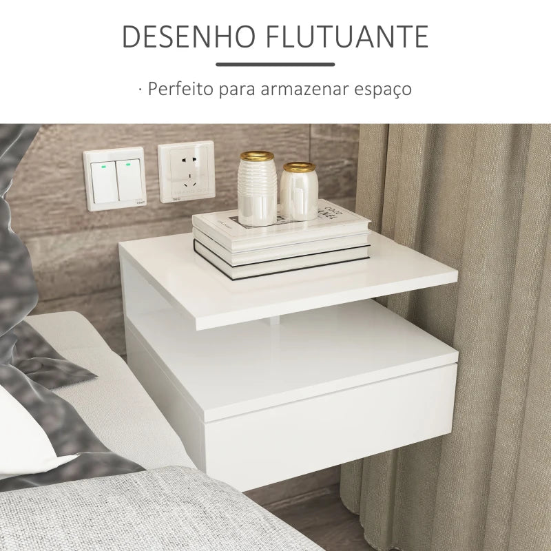 HOMCOM Conjunto de 2 Mesas de Cabeceira Flutuante com 1 Gaveta e Prateleira Aberta com Desenho Moderno Montado na Parede 35x32x22,5cm Branco