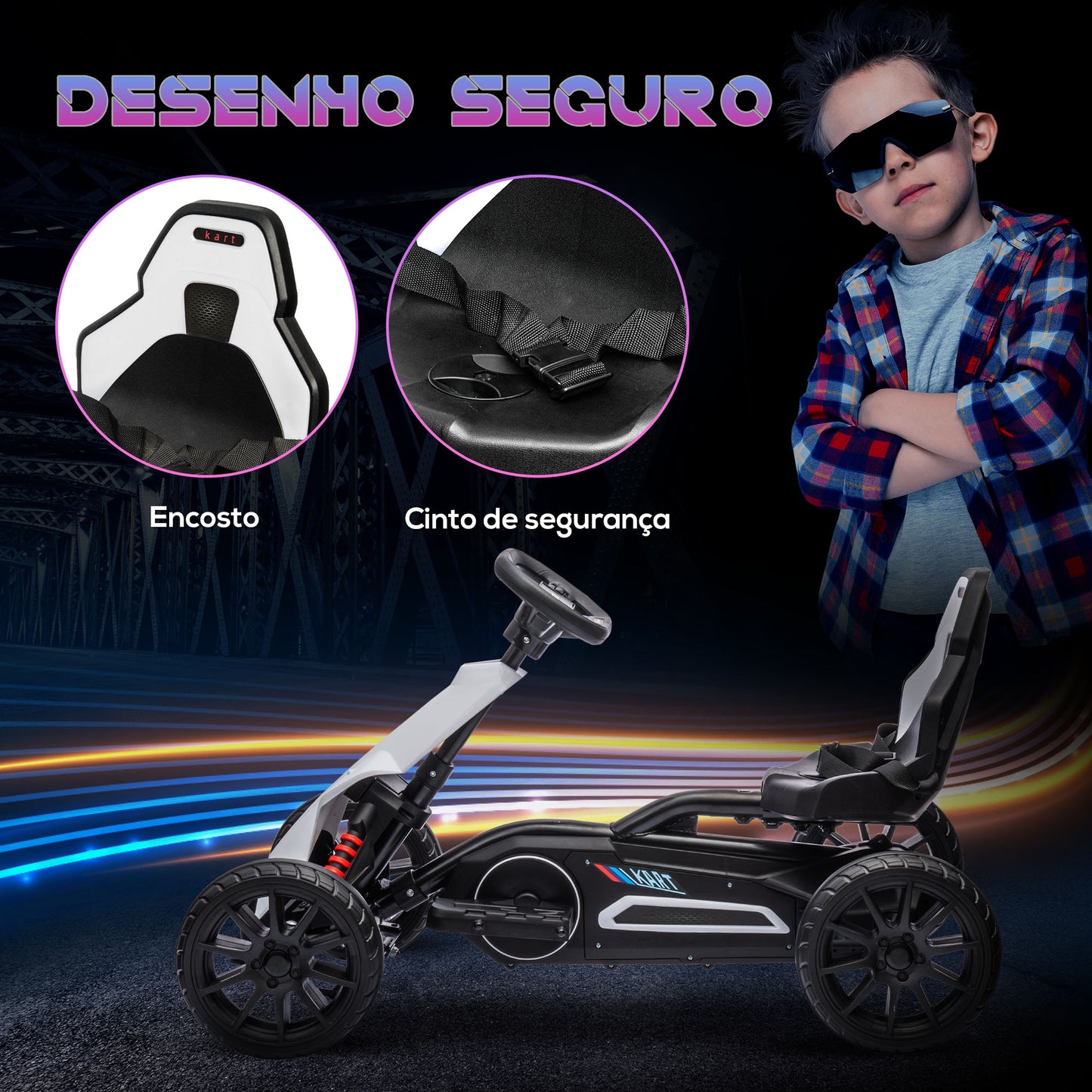 HOMCOM Go Kart Carro Elétrico para Crianças de 3 a 8 Anos Kart a Bateria 12V Velocidade Ajustável 3-5 km/h e Cinto de Segurança Carga 30 kg para Exterior 100x58x58,5 cm Branco