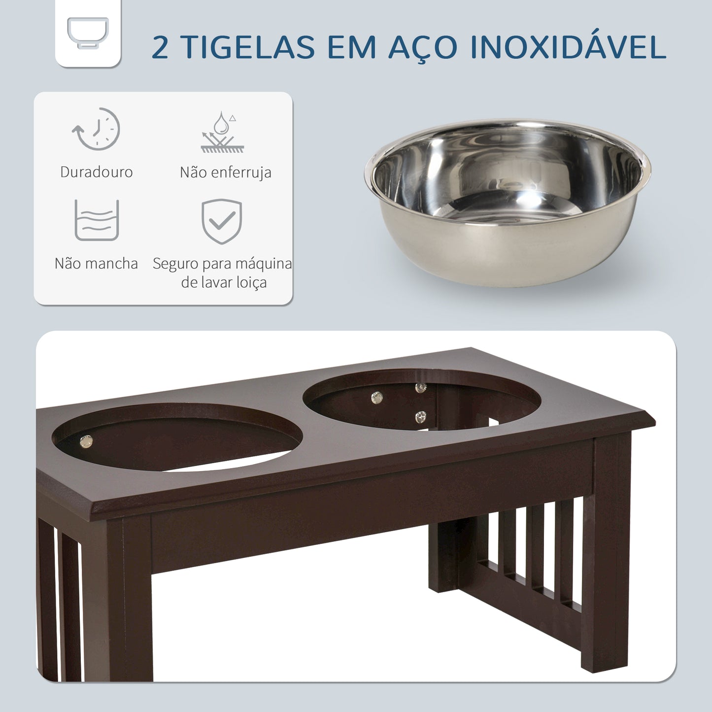 PawHut Comedouro Elevado para Cães com Suporte e 2 Tigelas Amovíveis de Aço Inoxidável Alimentador para Animais de Estimação 44x24x15 cm Marrom