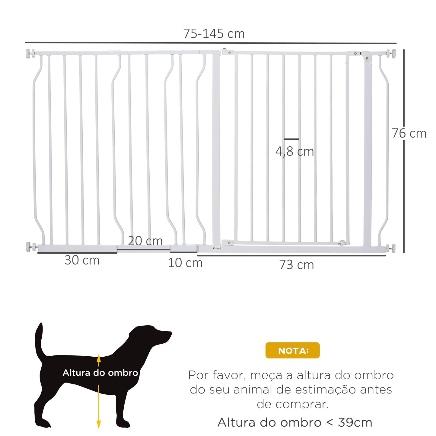 PawHut Barreira de Segurança para Cães Extensível para Escadas e Portas 75-145cm com 3 Extensões e 10 cm 20cm e 30cm Montagem a Pressão Aço Altura 76cm Branco