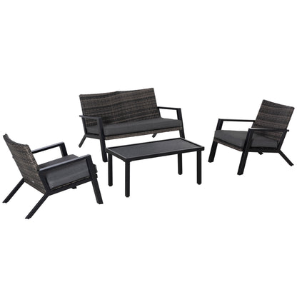 Outsunny Conjunto Móveis de Jardim Vime Conjunto de 4 Peças de Móveis de Exterior com Sofá de 2 Lugares Poltrona Individual e Mesa de Centro para Varanda Pátio Preto