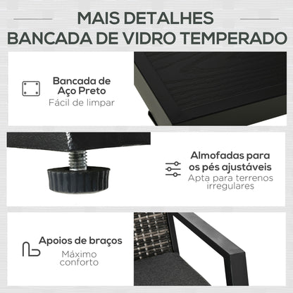 Outsunny Conjunto Móveis de Jardim Vime Conjunto de 4 Peças de Móveis de Exterior com Sofá de 2 Lugares Poltrona Individual e Mesa de Centro para Varanda Pátio Preto