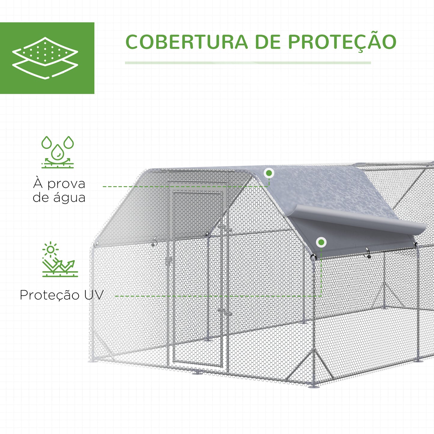 PawHut Galinheiro para Exterior Grande de Aço Galvanizado 280x570x195 cm Gaiola para Galinhas com Cobertura de Tecido Oxford Resistente aos Raios UV e Impermeável para Exterior Prata