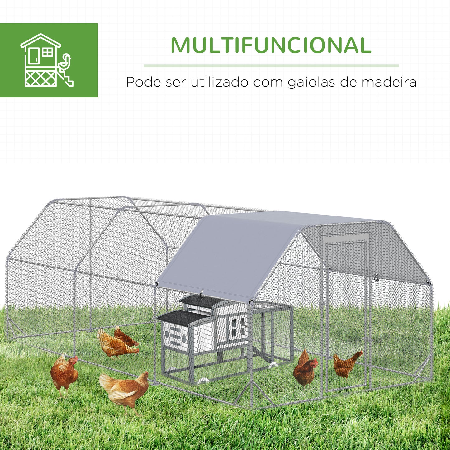 PawHut Galinheiro para Exterior Grande de Aço Galvanizado 280x570x195 cm Gaiola para Galinhas com Cobertura de Tecido Oxford Resistente aos Raios UV e Impermeável para Exterior Prata