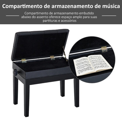 Banco de Piano com Espaço de Armazenamento Altura Ajustável com Assento Acolchoado Carga 200 kg 54,5x33x48-58 cm Preto