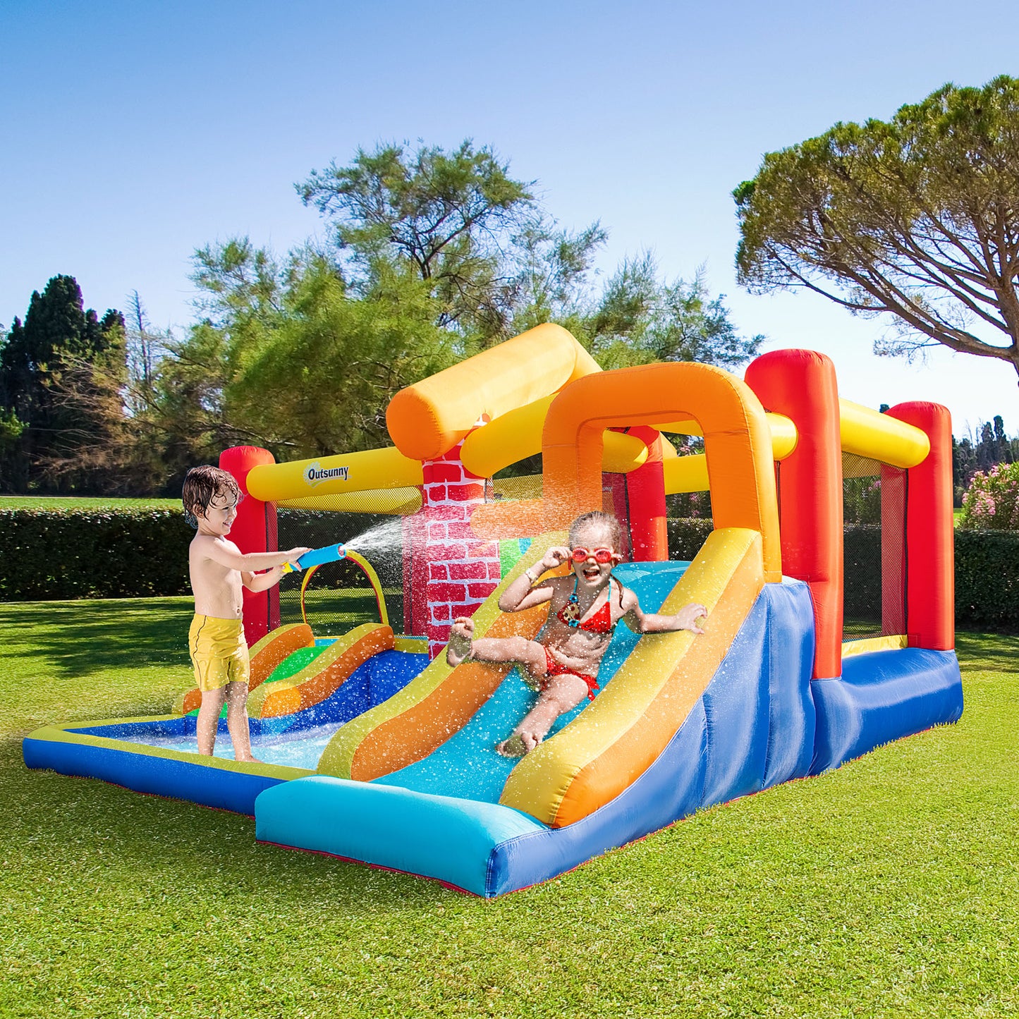 Outsunny Castelo Insuflável com 2 Escorregas 2 Trampolins e Piscina para Crianças acima de 3 Anos Inclui Inflador e Bolsa de Transporte para Interior Exterior 380x370x230cm Multicor