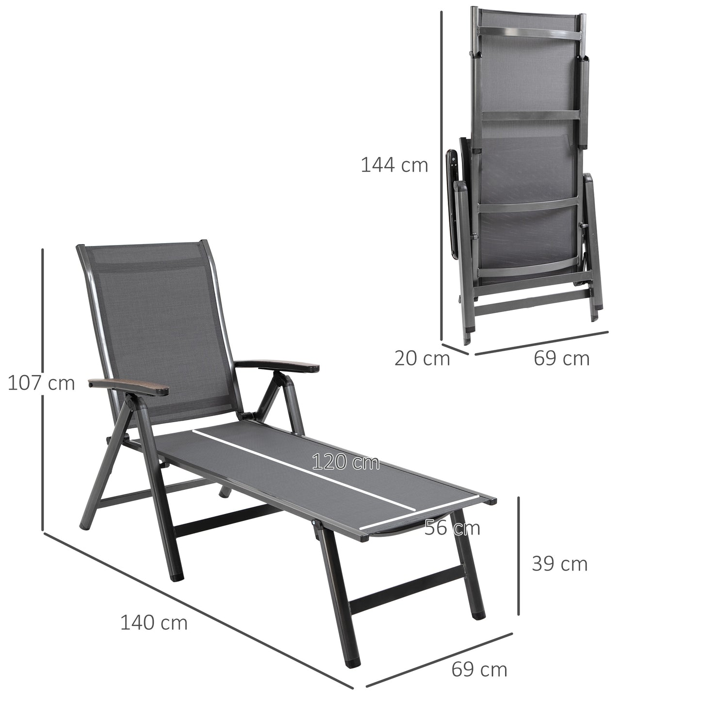 Outsunny Espreguiçadeira de Jardim Reclinável Dobrável de Alumínio com Encosto Ajustável em 5 Posições para Terraço Piscina Exterior Carga Máxima 150kg 69x140x107cm Cinza