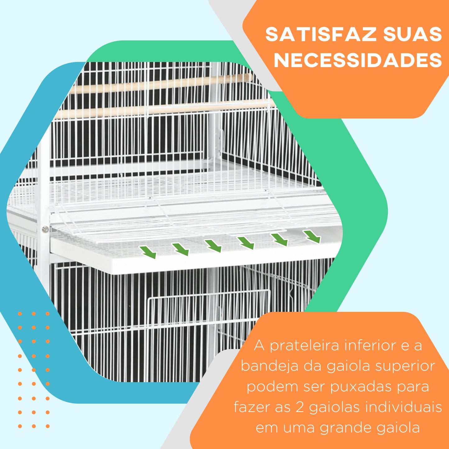 PawHut Gaiola para Pássaros 2 em 1 Gaiola de 2 Andares com Rodas 4 Comedouros 4 Poleiros e Bandejas Amovíveis para Canários Periquitos 78x75x168 cm Branco