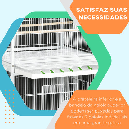 PawHut Gaiola para Pássaros 2 em 1 Gaiola de 2 Andares com Rodas 4 Comedouros 4 Poleiros e Bandejas Amovíveis para Canários Periquitos 78x75x168 cm Branco