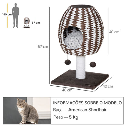 PawHut Árvore Arranhador para Gatos Altura 67cm Arranhador para Gatos com caverna Almofada Bolas Suspensas e Poste 40x40x67cm Café