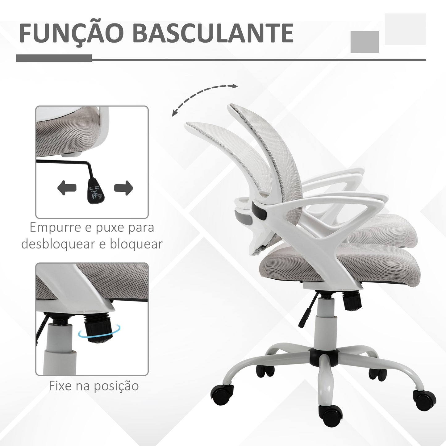 Vinsetto Cadeira de Oficina Ergonômica Cadeira de Escritório Basculante com Altura Ajustável Assento Giratório 360° Suporte Lombar e Malha Transpirável 61x61x89-99cm Cinza e Branco