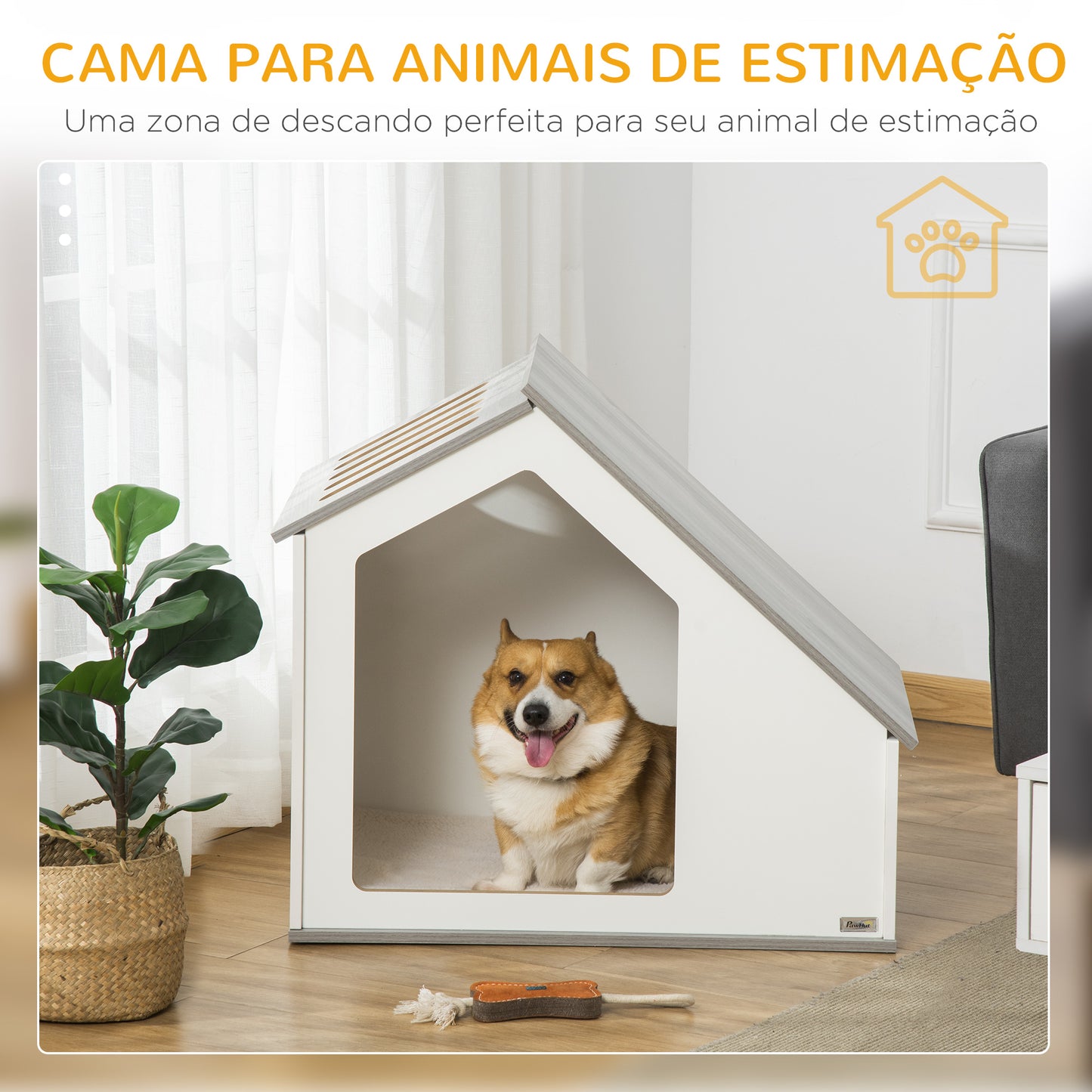 PawHut Casa de Madeira para Cães de Interior Casa para Animais de Estimação com Almofada Removível e Lavável com 5 Ventilações 84,5x54,5x75 cm Branco