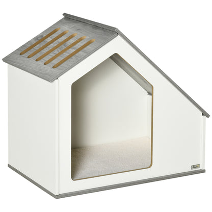 PawHut Casa de Madeira para Cães de Interior Casa para Animais de Estimação com Almofada Removível e Lavável com 5 Ventilações 84,5x54,5x75 cm Branco