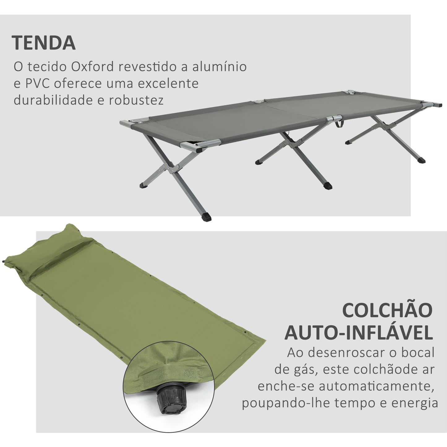 Outsunny Cama de Campismo Dobrável 3 em 1 Cama de Campismo Elevada com Tenda Colchão Insuflável e Bolsa de Transporte para Trilha 200x86x147 Cinza