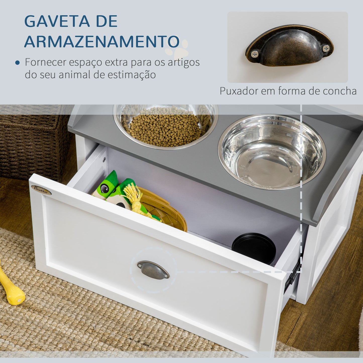 PawHut Comedouro Elevado para Cães Comedouro para Cães com 2 Tigelas 2000ml de Aço Inoxidável Gaveta Oculta com Suporte de Madeira para Animais de Estimação 60x30x36cm Branco