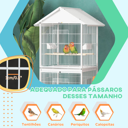 PawHut Gaiola para Pássaros 2 em 1 Gaiola de 2 Andares com Rodas 4 Comedouros 4 Poleiros e Bandejas Amovíveis para Canários Periquitos 78x75x168 cm Branco