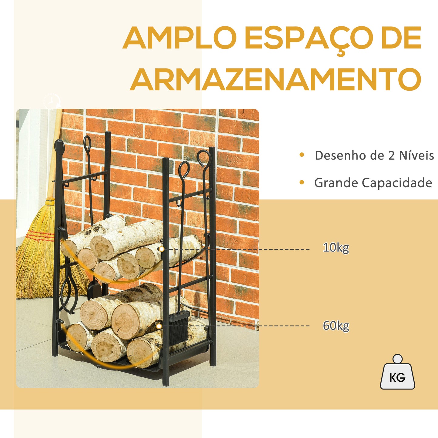 Outsunny Suporte para Lenha de 2 Níveis Porta Lenha Exterior e Interior Metálico com 4 Ferramentas para Lareira Carga Máx. 70kg 44,5x29,x73 cm Preto