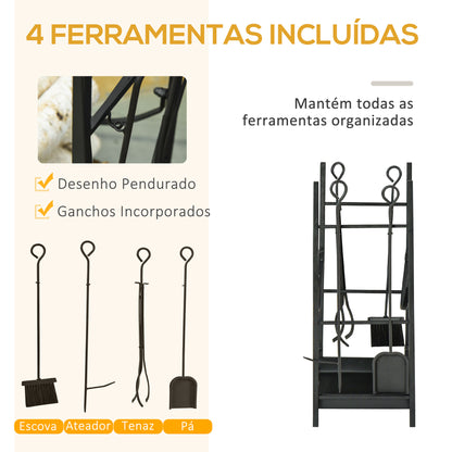 Outsunny Suporte para Lenha de 2 Níveis Porta Lenha Exterior e Interior Metálico com 4 Ferramentas para Lareira Carga Máx. 70kg 44,5x29,x73 cm Preto