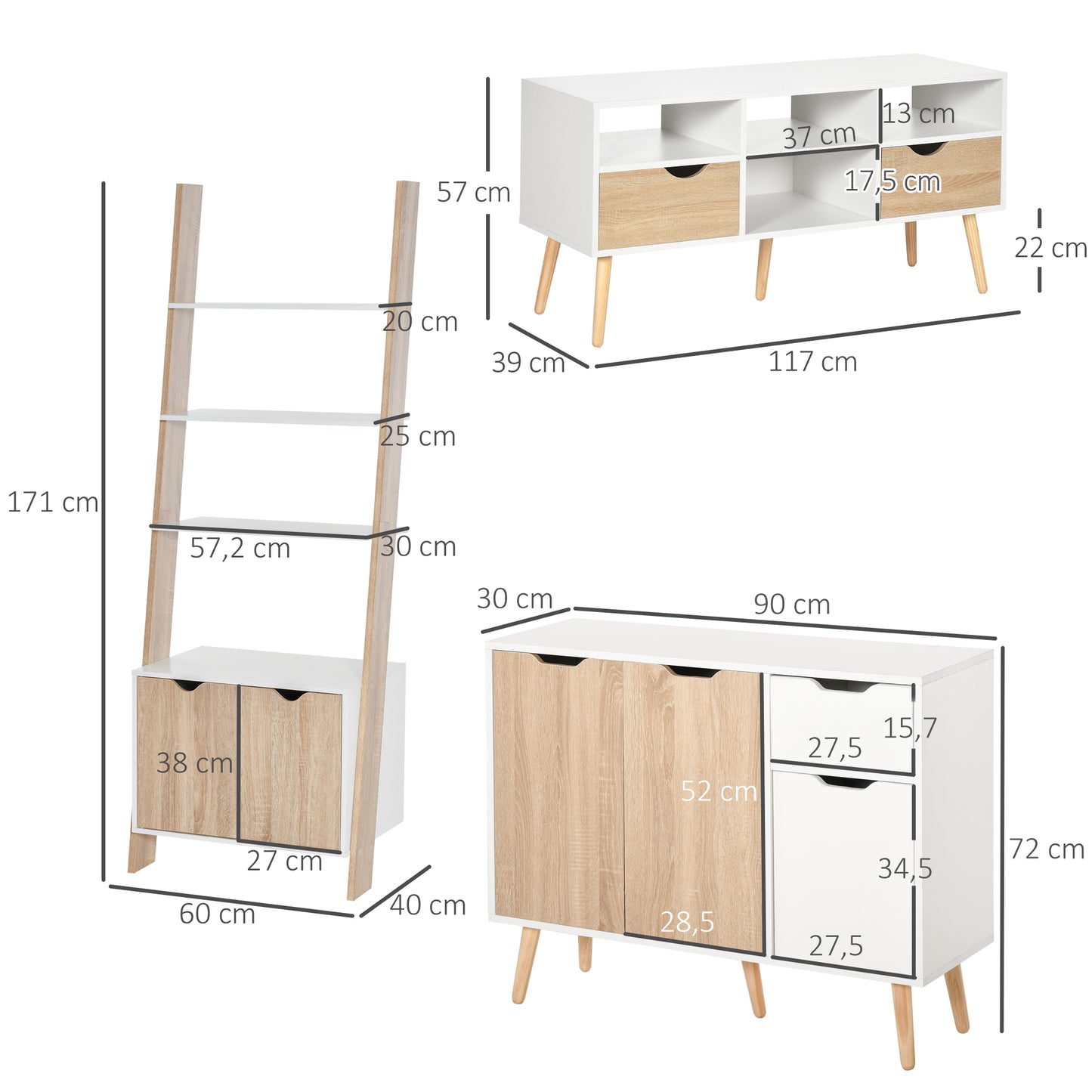 HOMCOM Conjunto para Casa Inclui 1 Móvel para TV para Televisores até 50 Polegadas 1 Aparador Auxiliar e 1 Estante em Forma de Escada Branco e Natural