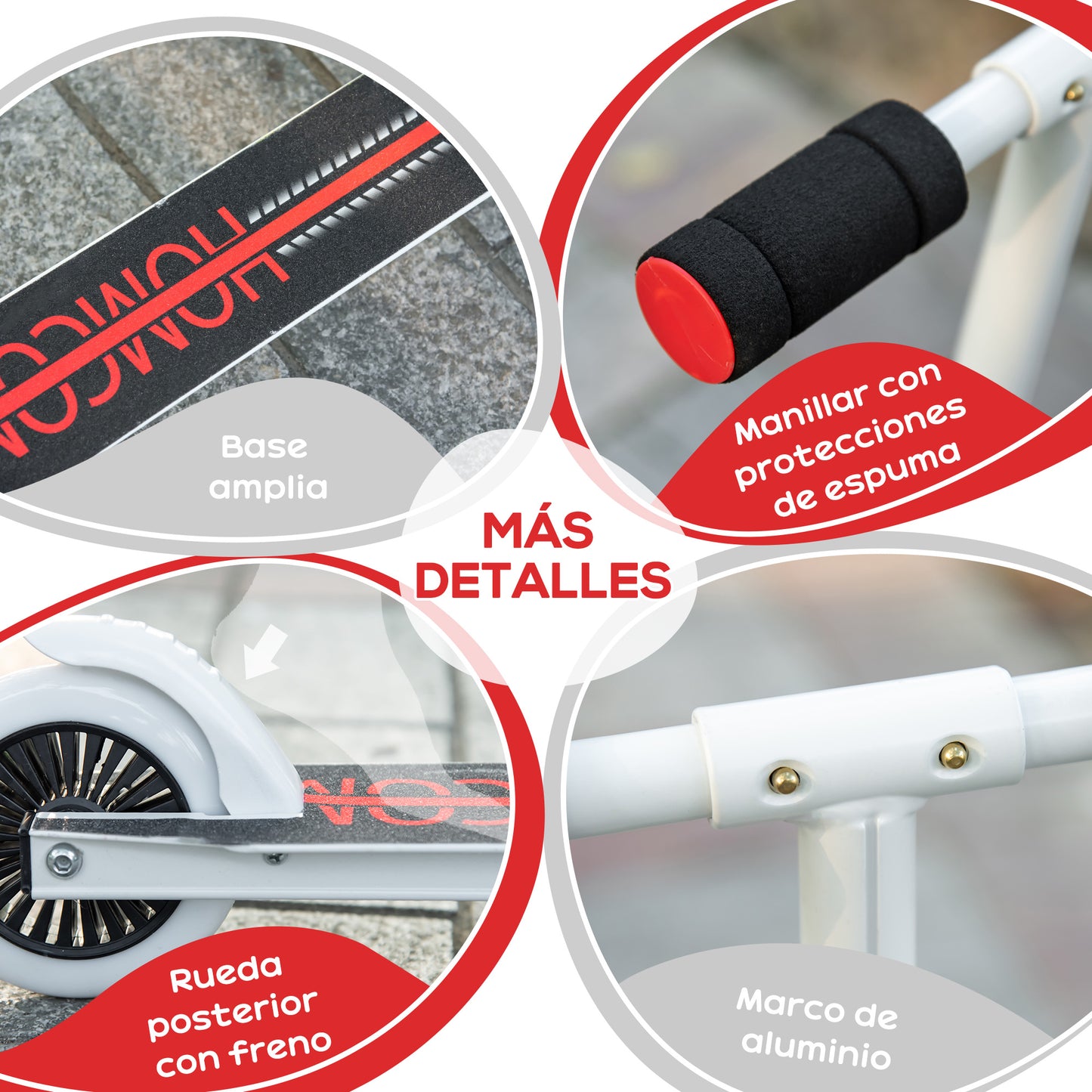 HOMCOM Trotinete para Crianças acima de 3 Anos Dobrável Scooter de 2 Rodas com Guiador Altura Ajustável Freio Posterior e Pedal Antiderrapante Carga 50kg 67,7x34x79,5-89,5cm Branco