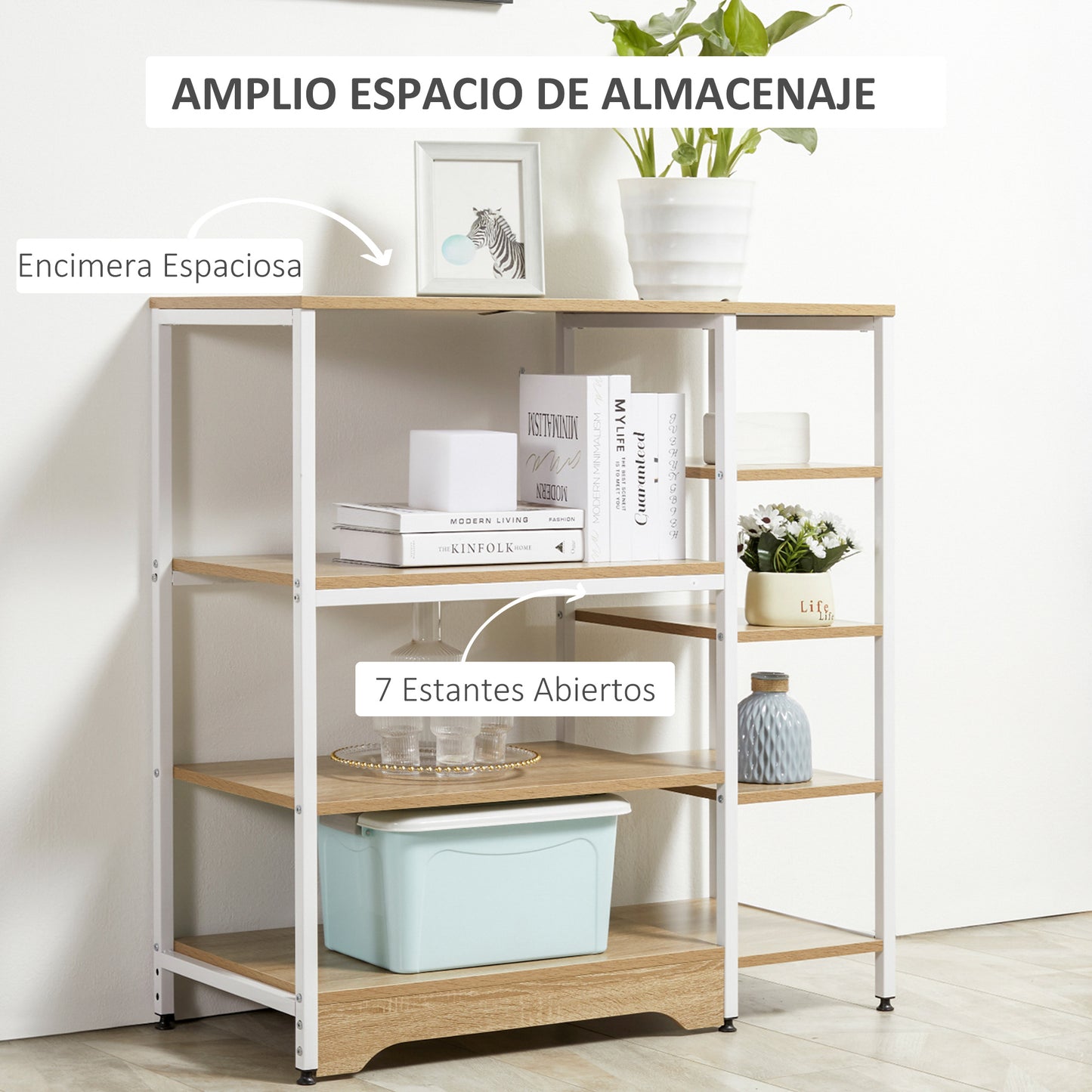 HOMCOM Estante Multiuso com 7 Prateleiras de Armazenamento para Utensílios Livros Plantas 90x40x95cm Madeira Natural