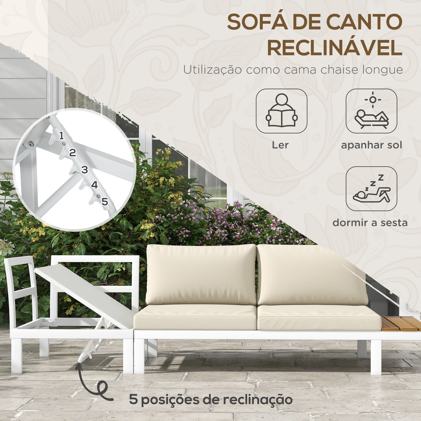 Outsunny Conjunto de Móveis de Jardim 4 Peças Jogo de Móveis de Terraço Inclui 2 Sofás Duplos 1 Sofá de Canto Reclinável e Mesa de Centro com Almofadas para Pátio Creme