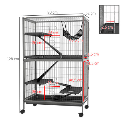 PawHut Gaiola para Roedores 80x52x128 cm Casa de 4 Alturas com Rampas Suspensa Rede Bandeja Removível Rodas Portas Cinza Prateado