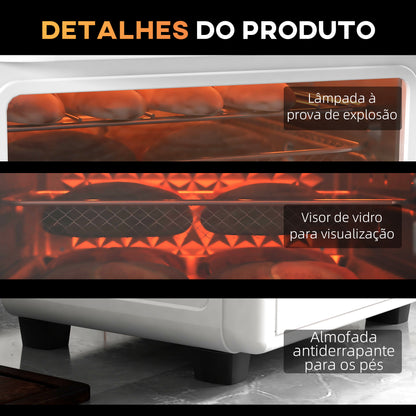 HOMCOM Mini Forno Elétrico Multifuncional Forno Elétrico de 13L 1200W Fritadeira sem Óleo com 12 Modos Temporizador e Temperatura Ajustável 33,5x32x32,5 cm Branco