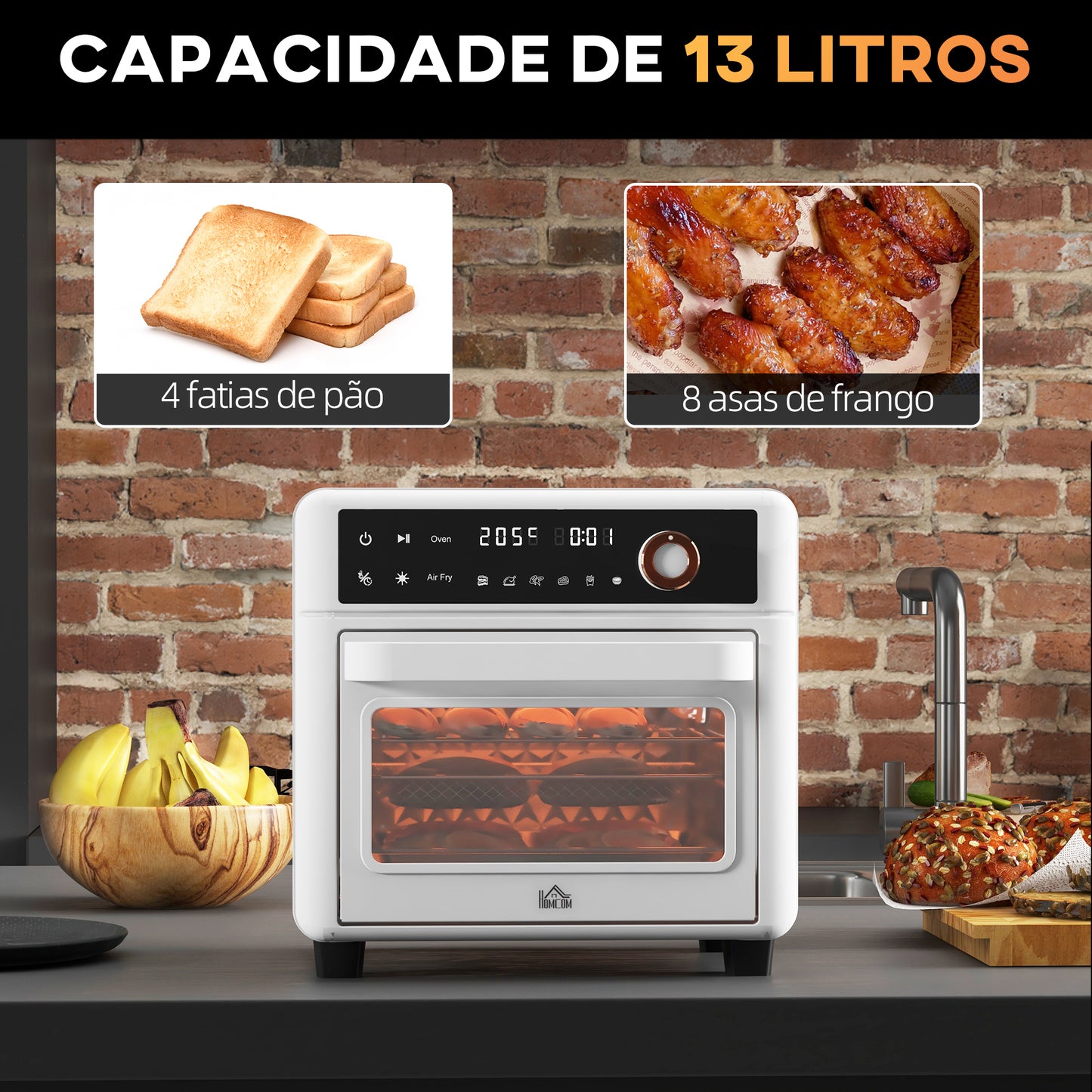 HOMCOM Mini Forno Elétrico Multifuncional Forno Elétrico de 13L 1200W Fritadeira sem Óleo com 12 Modos Temporizador e Temperatura Ajustável 33,5x32x32,5 cm Branco