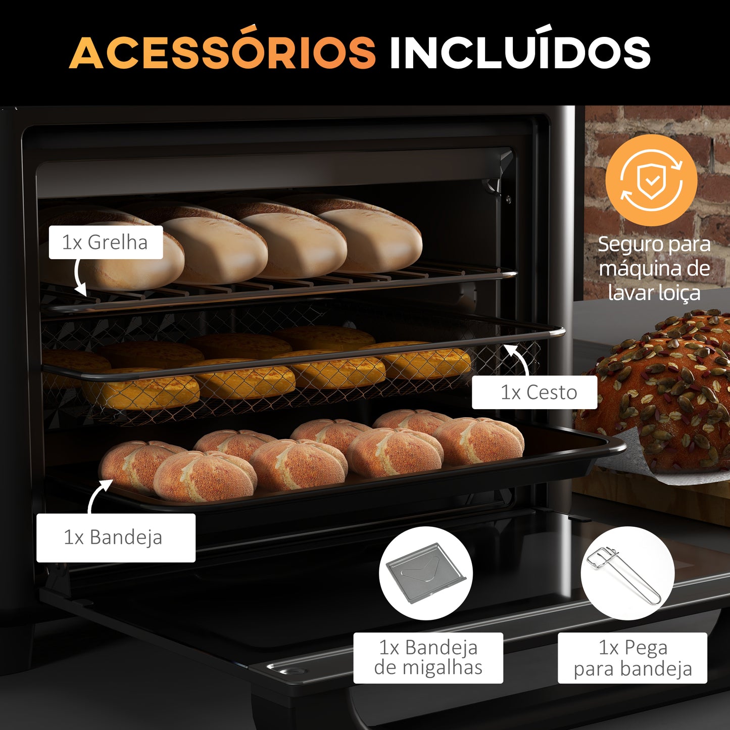 HOMCOM Mini Forno Elétrico Multifuncional Forno Elétrico de 13L 1200W Fritadeira sem Óleo com 12 Modos Temporizador e Temperatura Ajustável 33,5x32x32,5 cm Branco