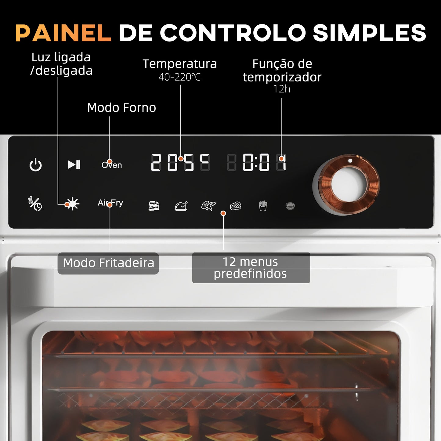 HOMCOM Mini Forno Elétrico Multifuncional Forno Elétrico de 13L 1200W Fritadeira sem Óleo com 12 Modos Temporizador e Temperatura Ajustável 33,5x32x32,5 cm Branco