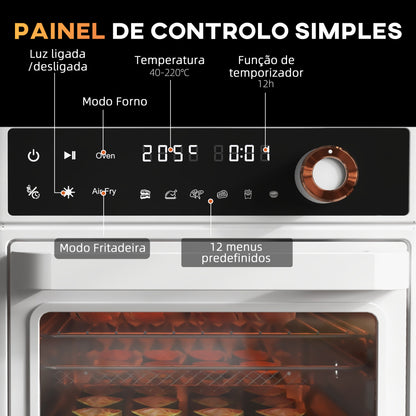 HOMCOM Mini Forno Elétrico Multifuncional Forno Elétrico de 13L 1200W Fritadeira sem Óleo com 12 Modos Temporizador e Temperatura Ajustável 33,5x32x32,5 cm Branco