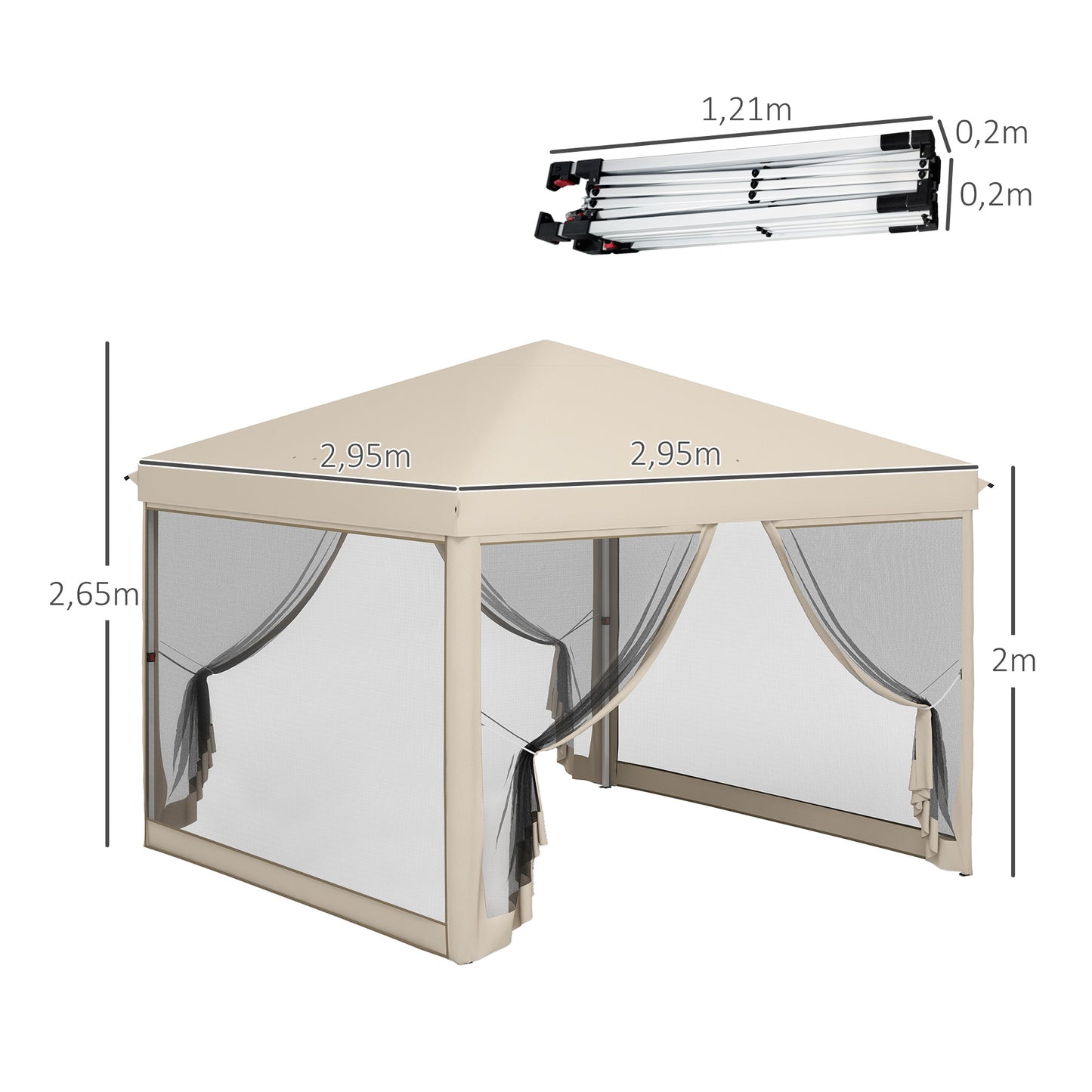 Outsunny Tenda Dobrável 3x3 para Exterior Tenda Portátil de Jardim com Mosquiteiras Bolsa de Transporte Estrutura de Aço e Tecido Oxford Resistente para Festas Campismo Bege