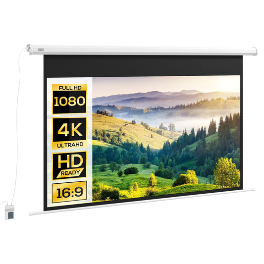 HOMCOM Tela de Projeção Elétrica de 84 Polegadas Tela de Projeção Portátil Formato 16:9 com Controlo Remoto para Interior e Exterior Cinema em Casa Jardim 186x105 cm Branco