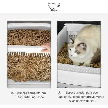 PawHut Caixa de Areia para Gatos Caixa de Areia Aberta Semi-Automática com Botão Ancinho Bandeja Removível e Borda Alta 62x46,5x19,5cm Branco