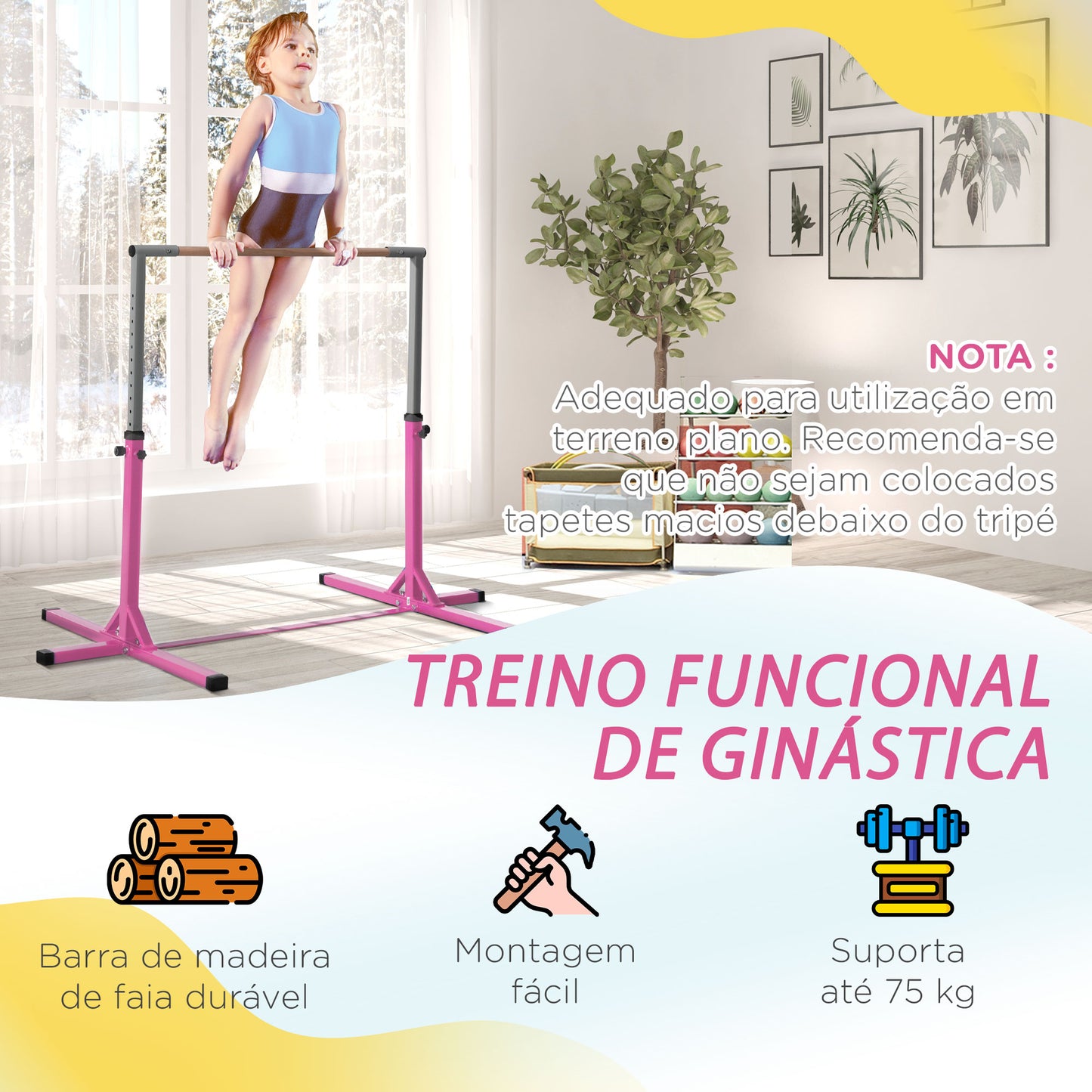 HOMCOM Barra de Ginástica para Crianças acima de 3 Anos Barra de Treino com Altura Ajustável 92-150 cm Barra Horizontal de Ginástica Carga 75 kg 197x121x150 cm Rosa