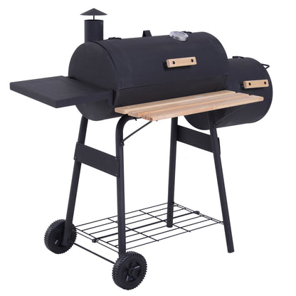 Outsunny Barbecue a Carvão 2 em 1 Defumador e Grelha Barbecue com Termómetro Rodas e Prateleiras para Ar Livre Campismo Exterior 124x53x104cm Preto