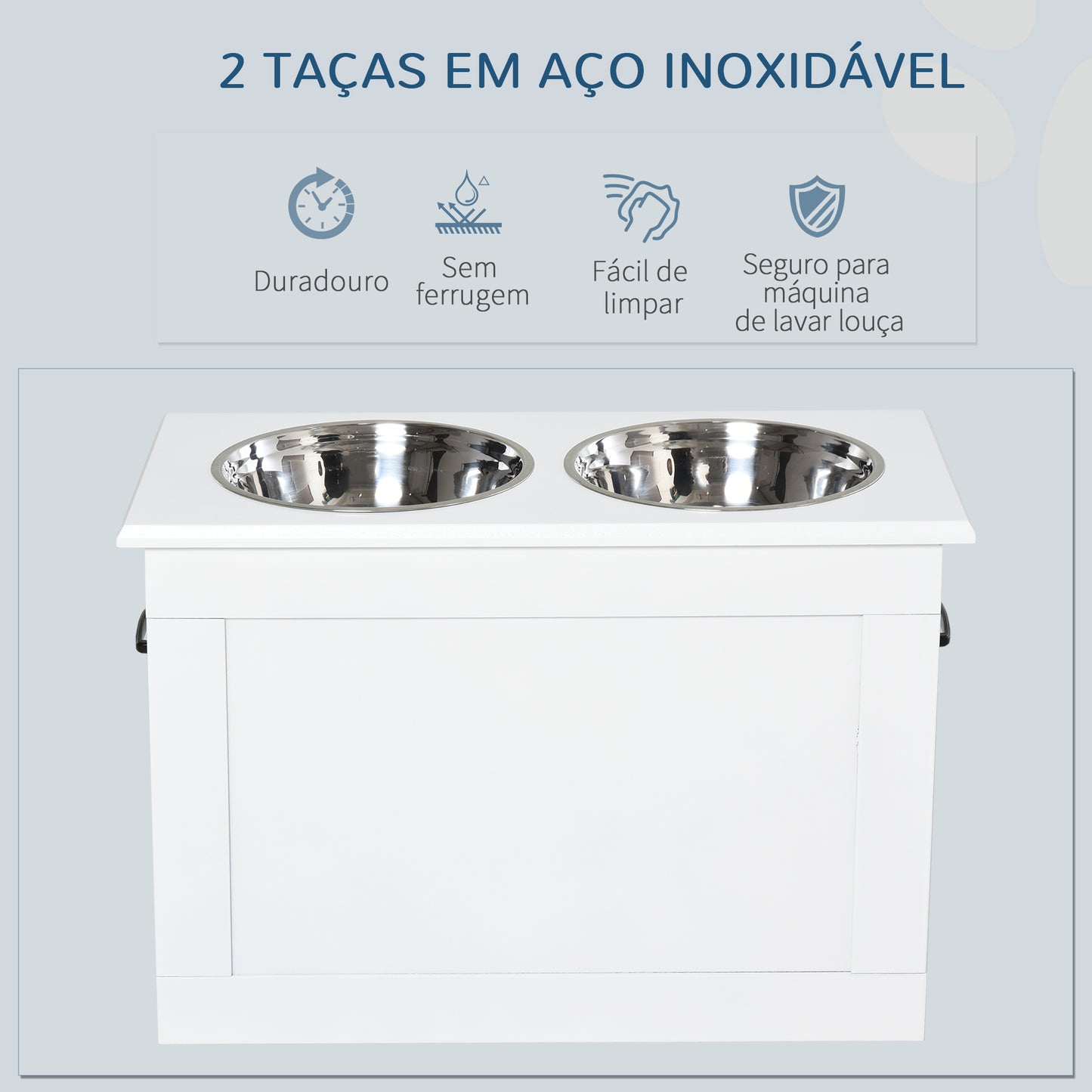 PawHut Comedouro Elevado para Cães Comedouro para Cães com 2 Tigelas de Aço Inoxidável e Espaço de Armazenamento Oculto 60x30x41 cm Branco