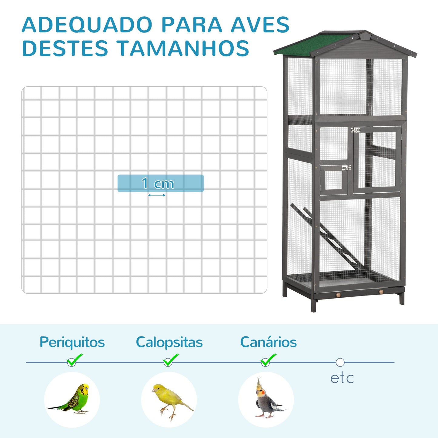 PawHut Gaiola para Pássaros Grande 68x63x165 cm Gaiola de Madeira de Abeto com 2 Portas Bandeja Amovível e Teto Asfáltico Cinza