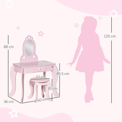 HOMCOM Toucador Infantil de Madeira para Crianças de 3-6 Anos com Banco e Espelho Estilo Princesa Mesa de Maquilhagem Infantil com Gaveta para Dormitório 60x36x88cm Rosa