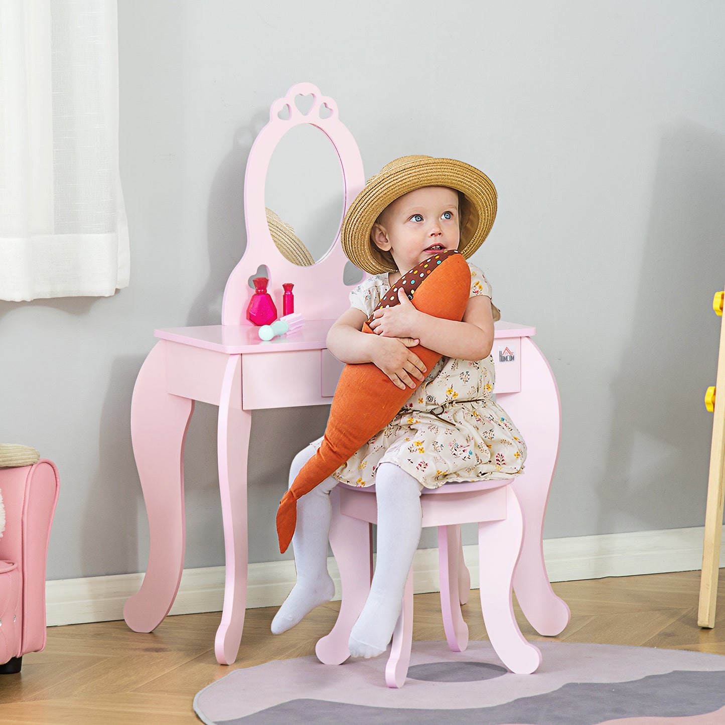 HOMCOM Toucador Infantil de Madeira para Crianças de 3-6 Anos com Banco e Espelho Estilo Princesa Mesa de Maquilhagem Infantil com Gaveta para Dormitório 60x36x88cm Rosa