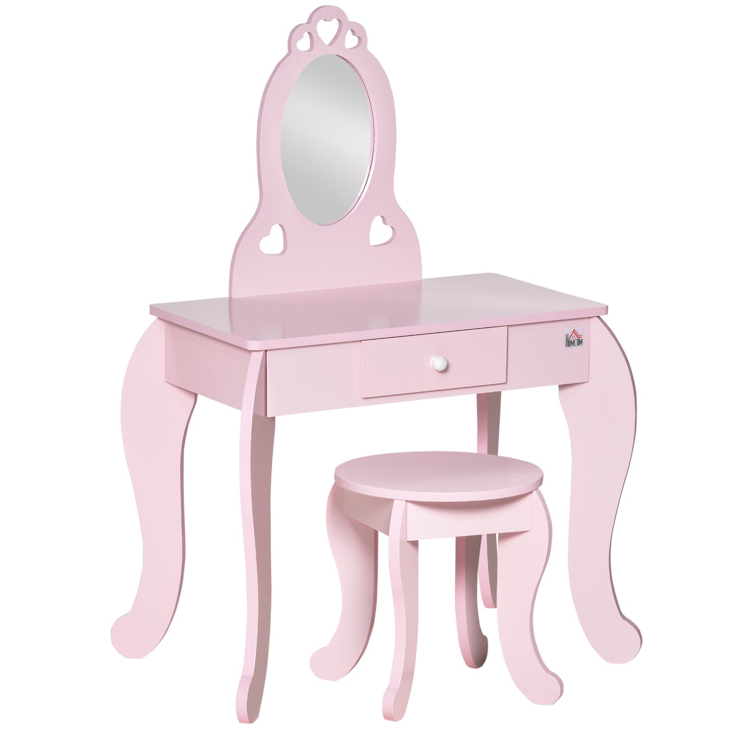 HOMCOM Toucador Infantil de Madeira para Crianças de 3-6 Anos com Banco e Espelho Estilo Princesa Mesa de Maquilhagem Infantil com Gaveta para Dormitório 60x36x88cm Rosa